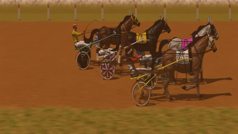 Composed frame from the Gallop Post harness simulator — eight pacers in two lines behind the folding arms of a mobile barrier at Kurrajong Paceway, the sprint lane marked inside the pegs.