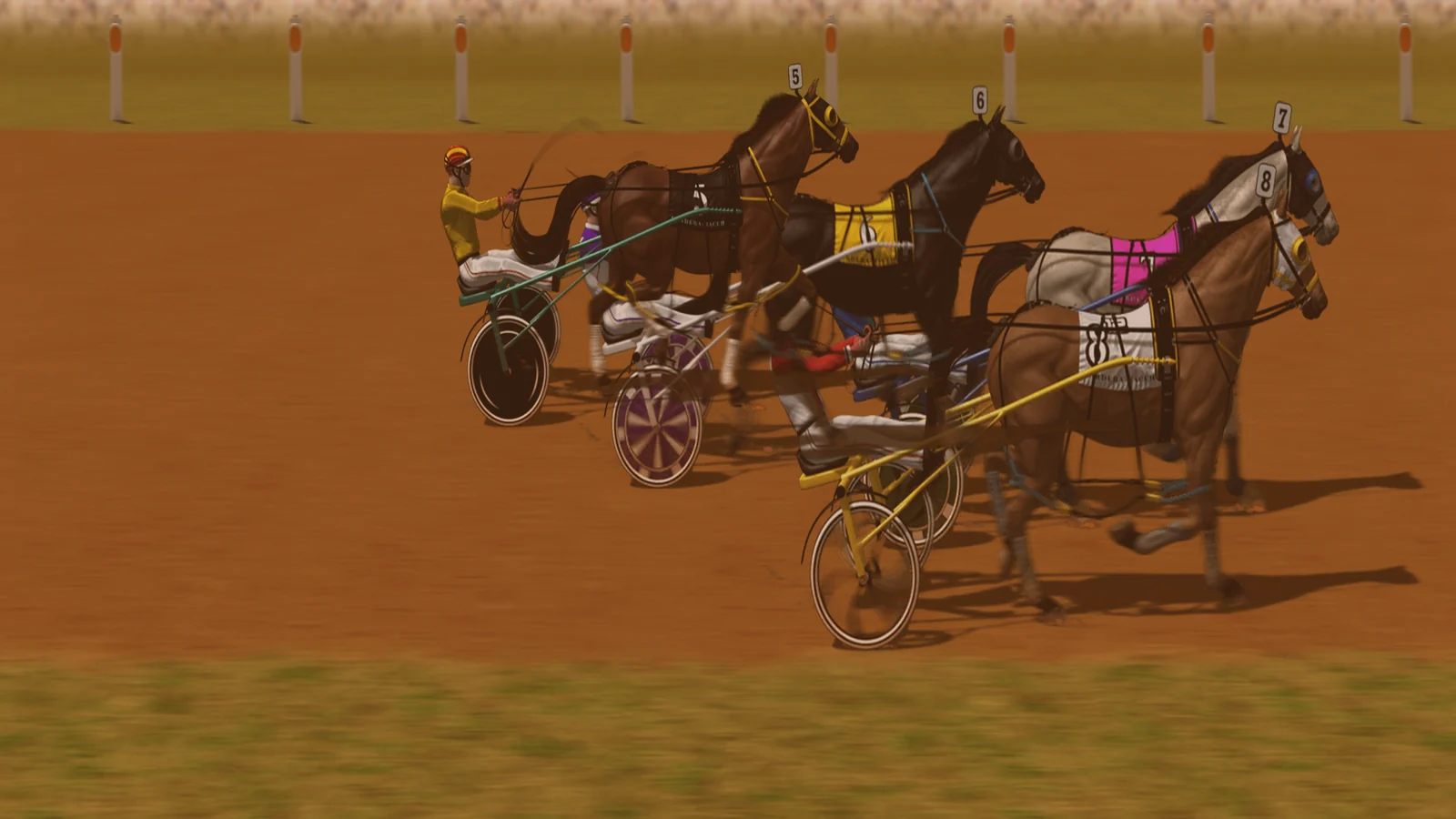 Composed frame from the Gallop Post harness simulator — eight pacers in two lines behind the folding arms of a mobile barrier at Kurrajong Paceway, the sprint lane marked inside the pegs.