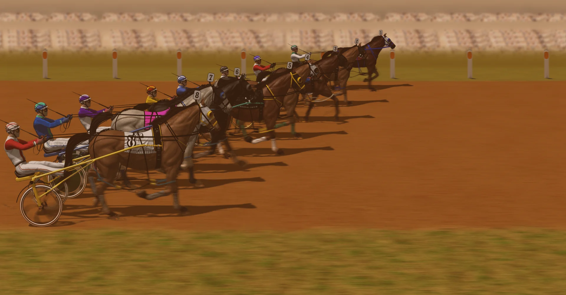 Composed frame from the Gallop Post harness simulator — eight pacers and their drivers strung out down the Kurrajong Paceway straight