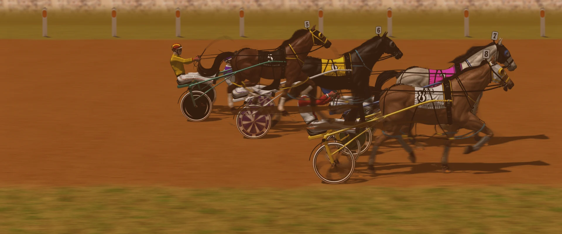 Composed frame from the Gallop Post harness
         simulator — two pacers and their drivers on the Kurrajong Paceway dirt