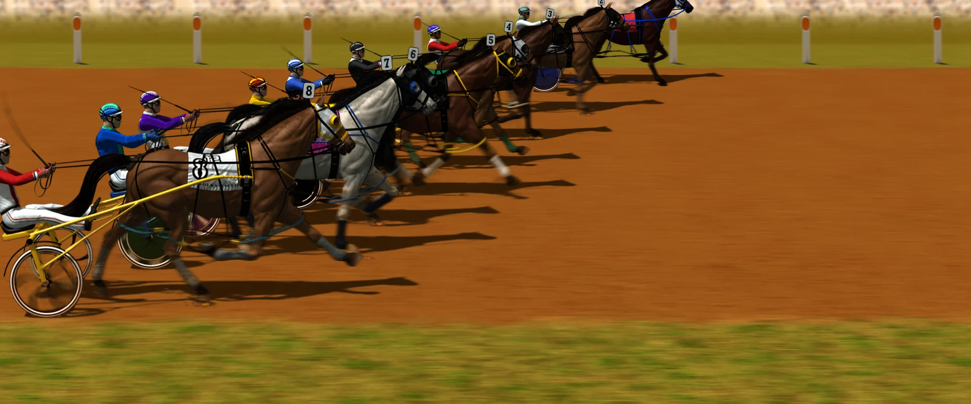 Composed frame from the Gallop Post harness simulator — eight pacers and their sulkies strung out across the Kurrajong dirt with their saddlecloth numbers showing