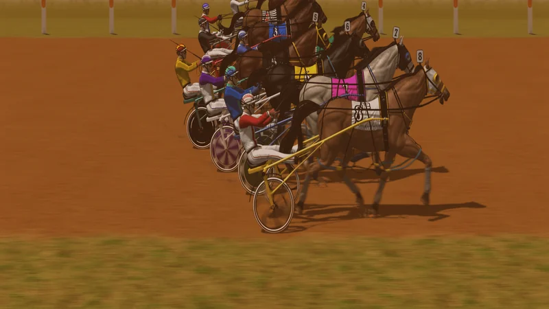Composed frame from the Gallop Post harness simulator — a standing-start field behind the tapes at Gidgee Paceway, six pacers on the front line and two standing behind them.