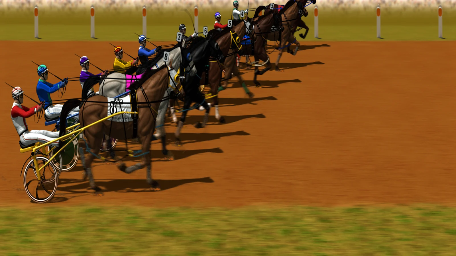 Composed frame from the Gallop Post harness simulator — eight pacers scoring up behind the mobile barrier arms at Kurrajong Paceway.