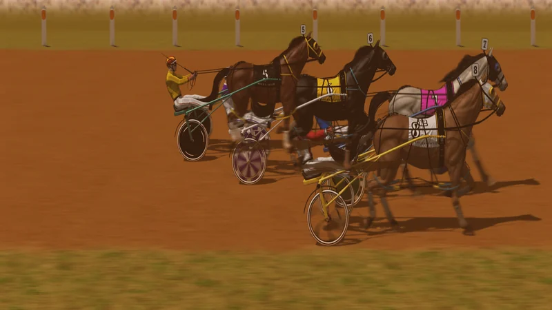 Composed frame from the Gallop Post harness simulator — eight pacers scoring up behind the mobile barrier arms at Kurrajong Paceway, saddlecloths one to eight in order.