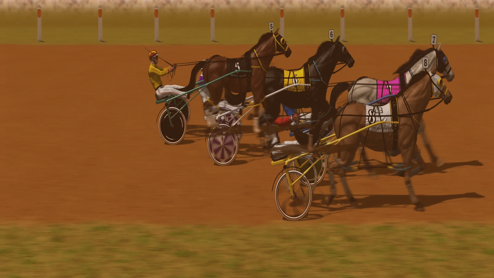 Composed frame from the Gallop Post harness simulator — eight pacers scoring up behind the mobile barrier arms at Kurrajong Paceway, saddlecloths one to eight in order.