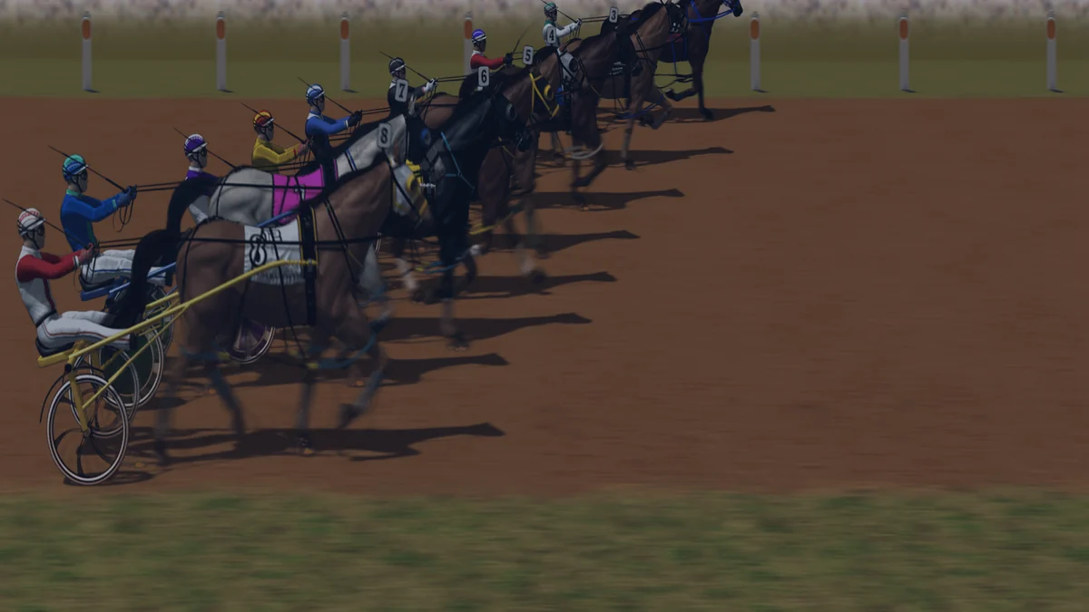 Composed frame from the Gallop Post harness simulator — a field two abreast round the tight Gidgee Paceway turn for the Gidgee Pace, one runner parked out, night grade.