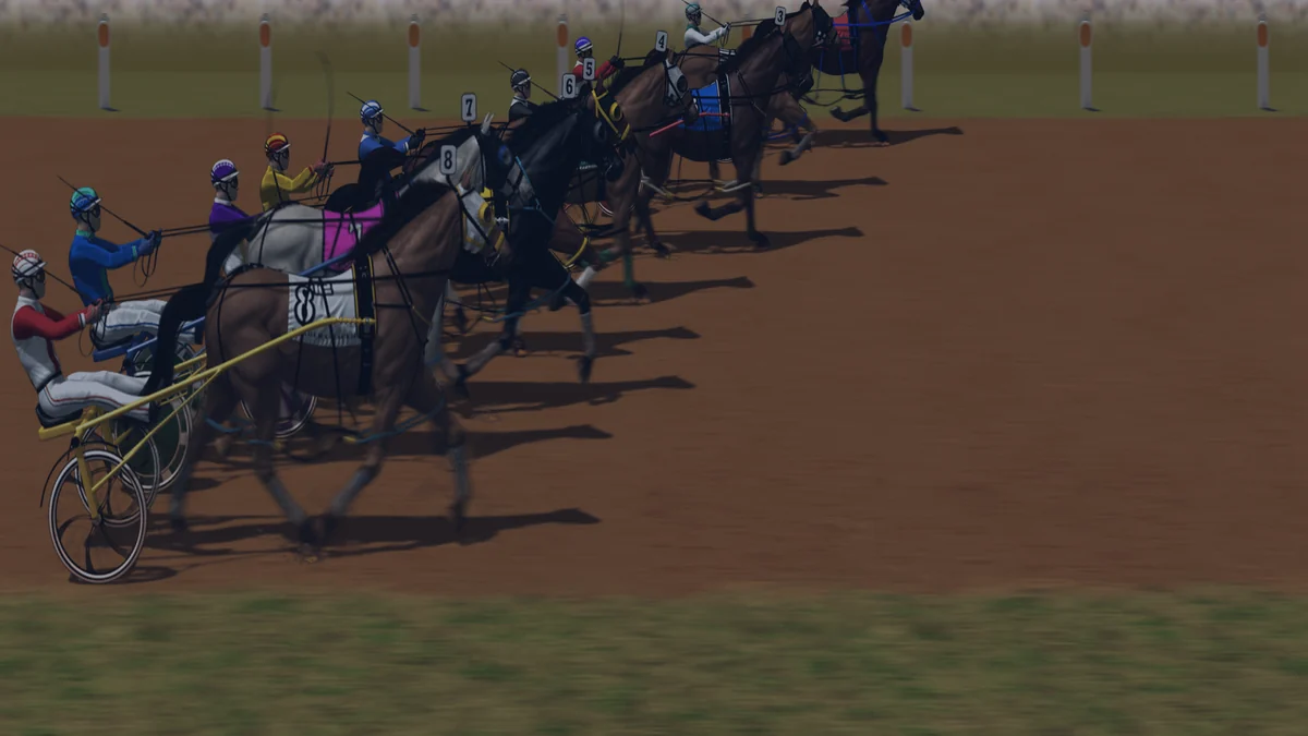 Composed frame from the Gallop Post harness simulator — a standing start at Gidgee Paceway, six behind the tapes on the front line and two on the second, night grade.