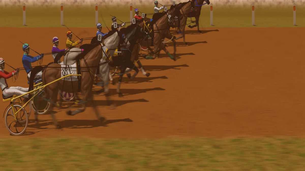 Composed frame from the Gallop Post harness simulator — the Kurrajong Paceway field settling after the mobile barrier arms fold, sprint lane visible inside the pegs.