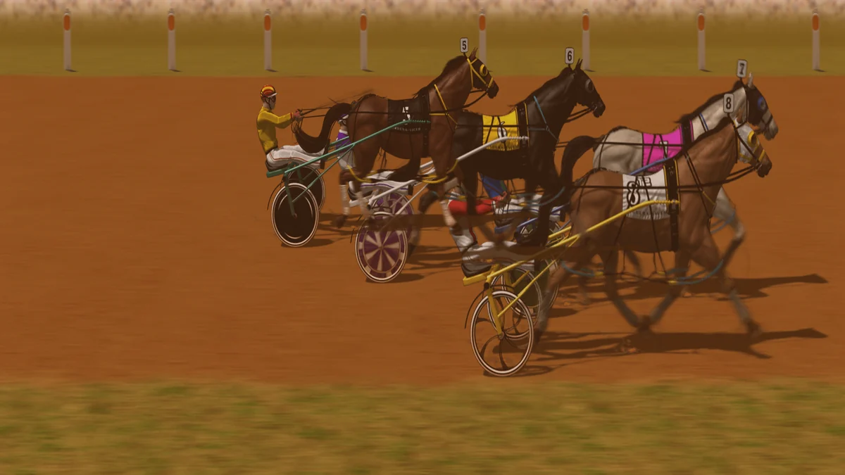 Composed frame from the Gallop Post harness simulator — eight pacers scoring up behind the mobile barrier arms for the Kurrajong Mile, twilight grade.