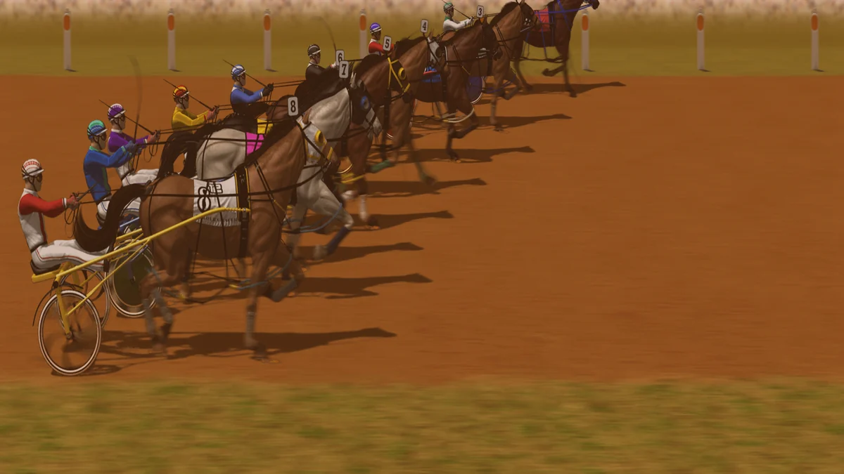 Composed frame from the Gallop Post harness simulator — the Class C field down the Kurrajong Paceway straight with the sprint lane open inside the pegs, twilight grade.