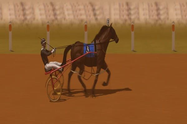 Generated livery card for Black Stump, saddlecloth 3 — black with a red sash, a chequered black and white cap and a gold sulky, over a dark bay coat swatch.