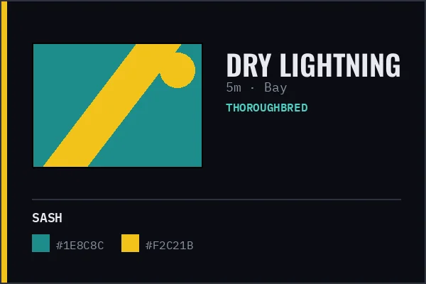 Generated livery card for Dry Lightning — teal with a yellow sash and a yellow cap, over a bay coat swatch.
