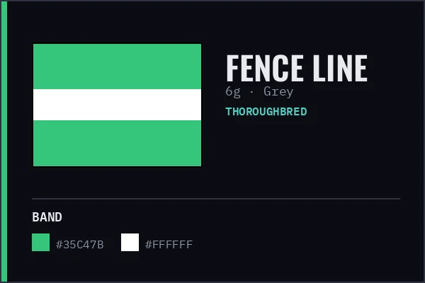 Generated livery card for Fence Line — green with a white band and a green cap, over a grey coat swatch.