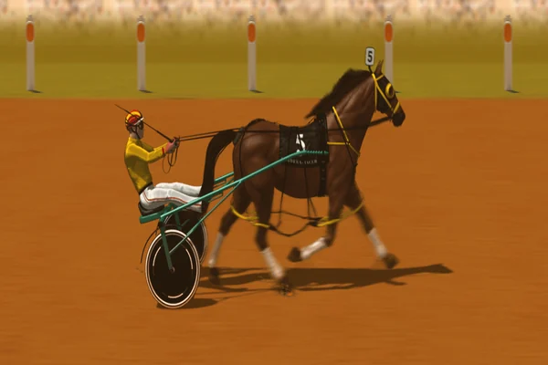 Generated livery card for Gidgee Gold, saddlecloth 5 — solid yellow with a red and orange cap and a teal sulky, over a bay coat swatch.