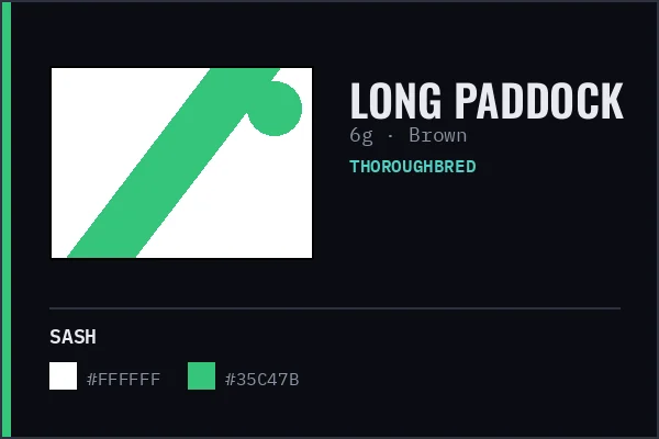 Generated livery card for Long Paddock — white with a green sash and a green cap, over a brown coat swatch.