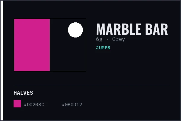 Generated livery card for Marble Bar — magenta and black halves with a white cap, over a grey coat swatch.