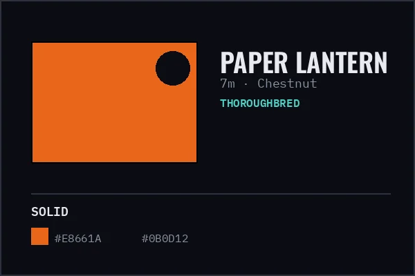 Generated livery card for Paper Lantern — solid orange with a black cap, over a chestnut coat swatch.