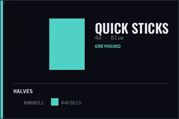 Generated livery card for Quick Sticks — black and cyan halves with a cyan cap, over a blue coat swatch.