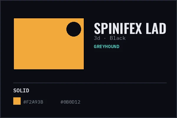 Generated livery card for Spinifex Lad — solid amber with a black cap, over a black coat swatch.