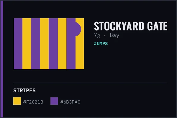 Generated livery card for Stockyard Gate — yellow and purple stripes with a purple cap, over a bay coat swatch.