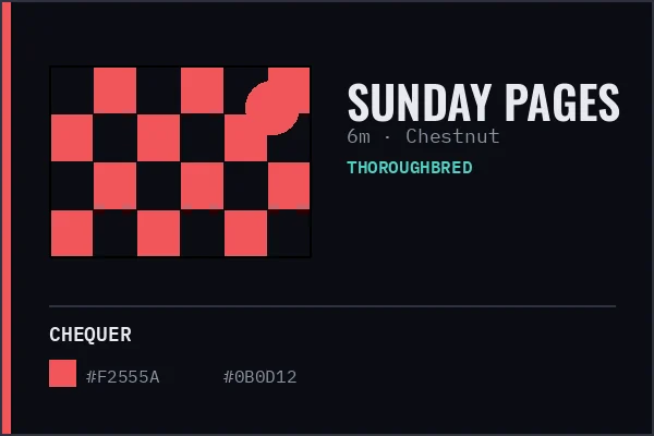 Generated livery card for Sunday Pages — red and black chequer with a red cap, over a chestnut coat swatch.