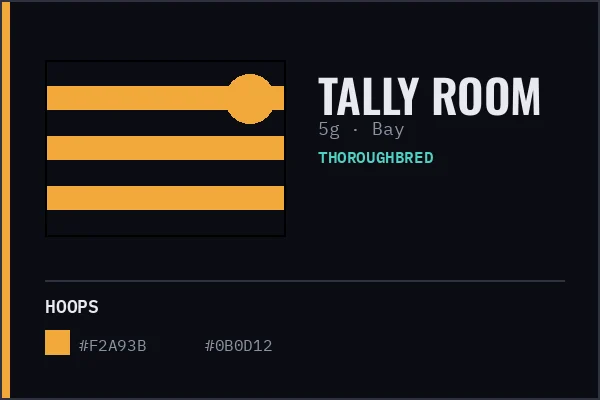 Generated livery card for Tally Room — amber and black hoops with an amber cap, over a bay coat swatch.