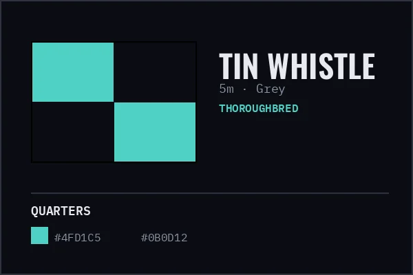 Generated livery card for Tin Whistle — cyan and black quarters with a black cap, over a grey coat swatch.