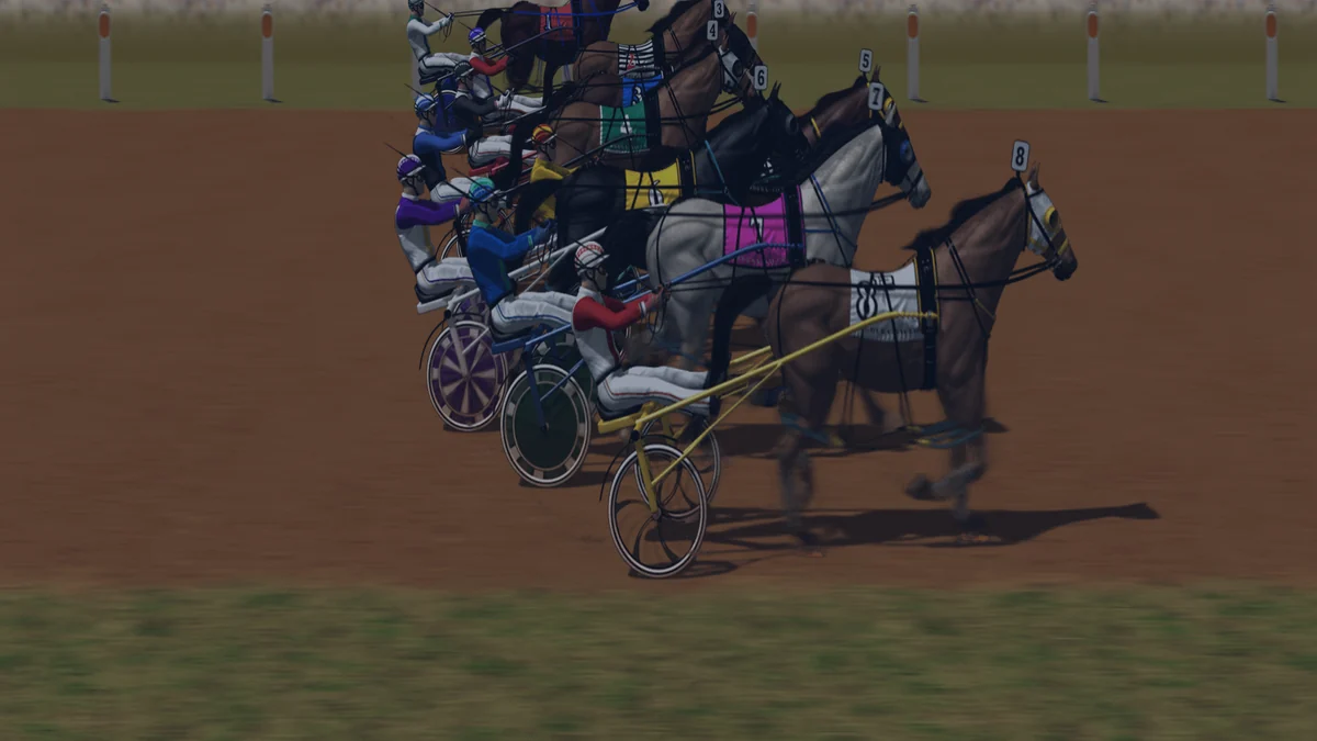 Composed frame from the Gallop Post harness simulator — a field two abreast around the tight Gidgee Paceway turn, one runner parked out.
