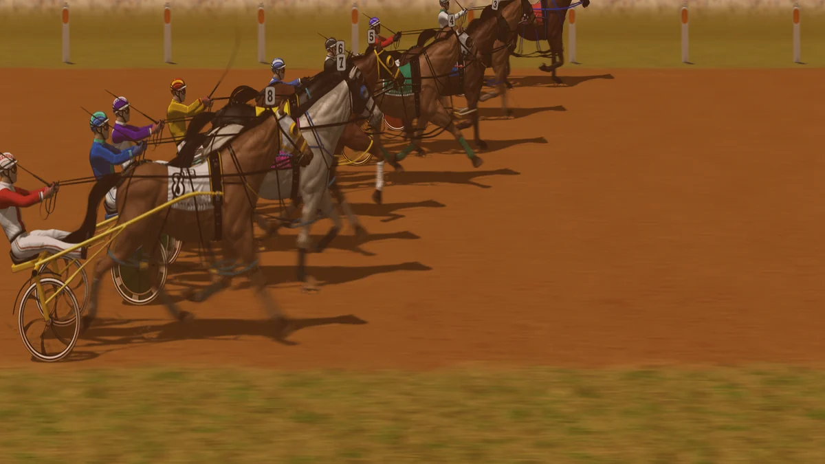 Composed frame from the Gallop Post harness simulator — eight pacers scoring up behind the mobile barrier arms at Kurrajong Paceway.